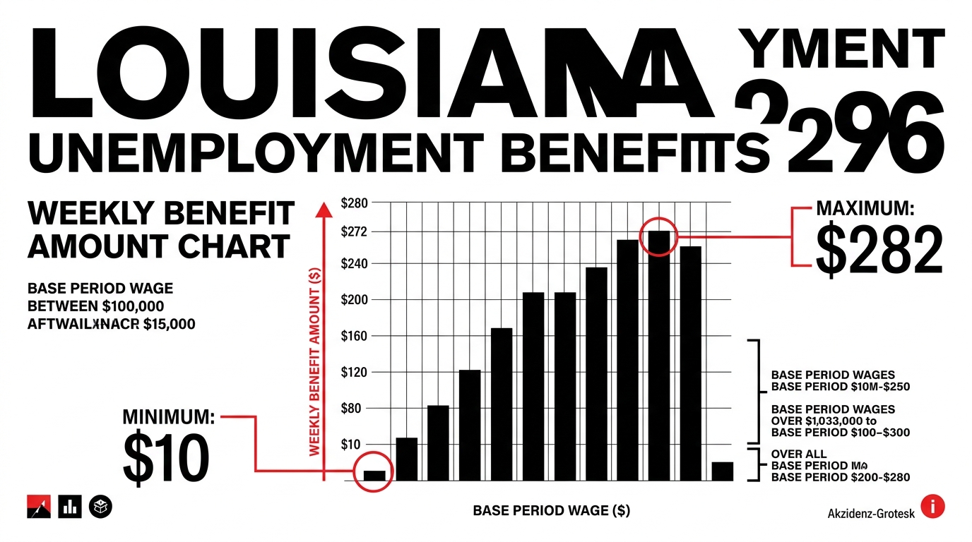 Louisiana unemployment benefits 2026 weekly benefit amount chart showing $10 to $282 range