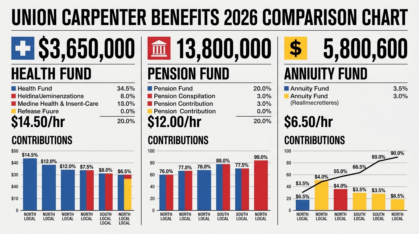 Union carpenter benefits 2026 comparison chart showing health, pension, and annuity contributions