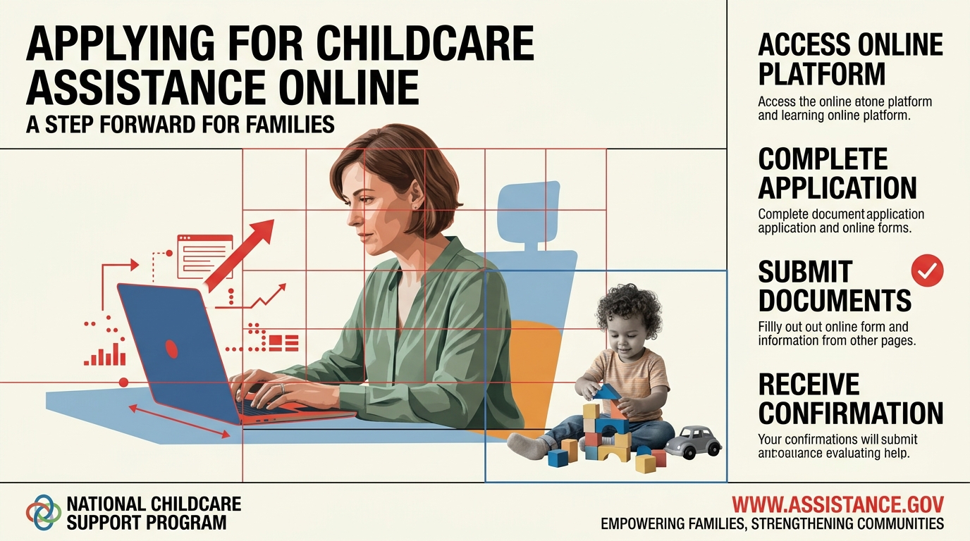 Low-income mother applying for childcare assistance online with child playing nearby
