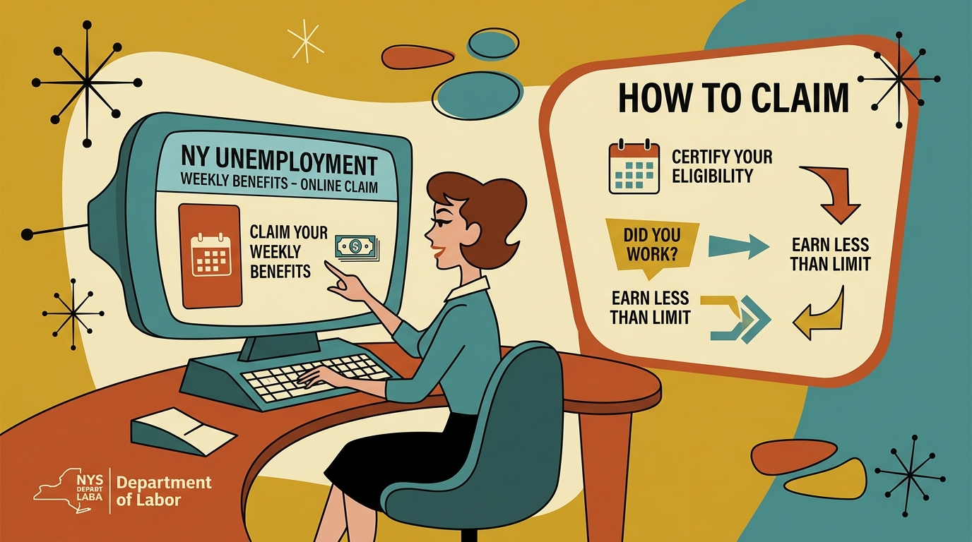 Person filing for New York unemployment benefits online, showing how to claim weekly unemployment benefits NY
