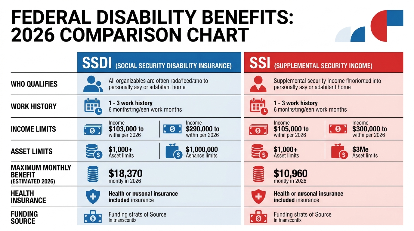 Federal disability benefits 2026 comparison chart showing SSDI vs SSI